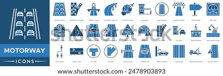 Motorway icon. Highway Traffic, Expressway Network, Freeway System, Motorway Junction, Interstate Travel, Toll Booth and Lane Markings