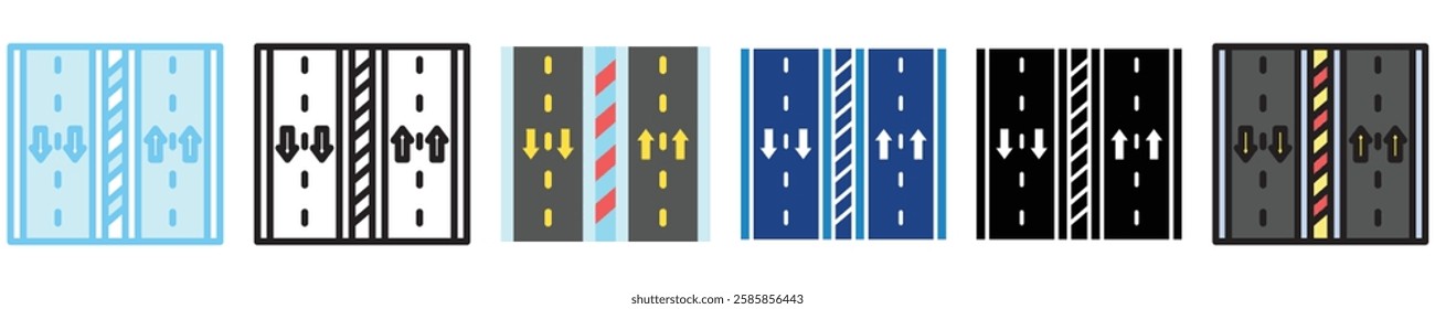 Motorway multi style, mini illustration icon. outline, flat, glyph, line color, UI, UX kit, app, web development, digital or print. For education, construction, transportation, traffic management.