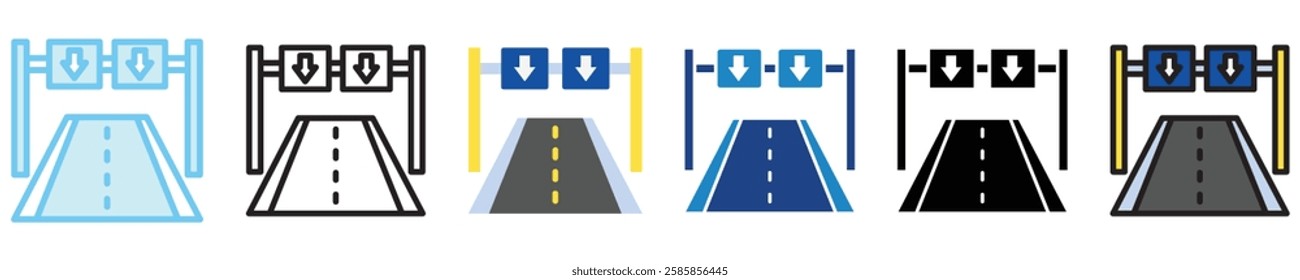 Motorway multi style, mini illustration icon. outline, flat, glyph, line color, UI, UX kit, app, web development, digital or print. For education, construction, transportation, traffic management.