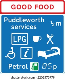 Motorway service area sign showing the operator’s name, The Highway Code Traffic Sign, Signs giving orders, Signs with red circles are mostly prohibitive. Plates below signs qualify their message.