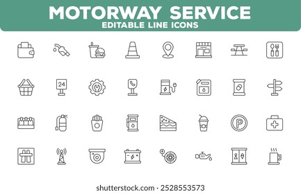Serviço de autoestrada Ícones de linha editáveis - Combustível, reparação, alimentos e instalações Símbolos
