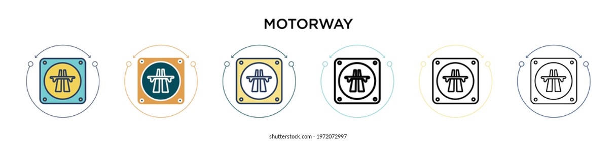 Motorway sign icon in filled, thin line, outline and stroke style. Vector illustration of two colored and black motorway sign vector icons designs can be used for mobile, ui, web