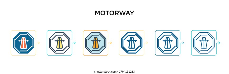 Motorway sign vector icon in 6 different modern styles. Black, two colored motorway sign icons designed in filled, outline, line and stroke style. Vector illustration can be used for web, mobile, ui