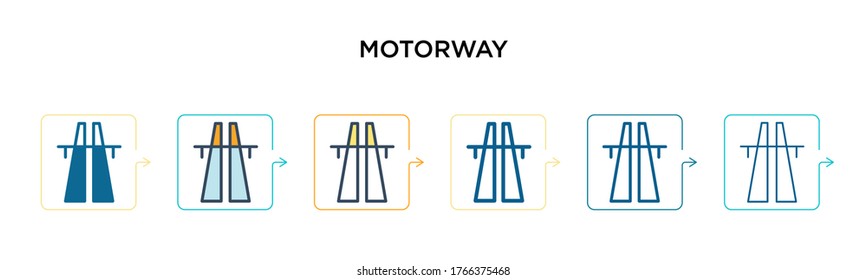 Motorway vector icon in 6 different modern styles. Black, two colored motorway icons designed in filled, outline, line and stroke style. Vector illustration can be used for web, mobile, ui