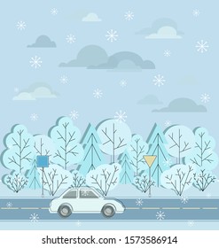 Motorway. Winter road, car, road signs and snow. Car moving on highway road. Road Trip. Vacation in winter holiday trip. Flat design vector illustration.