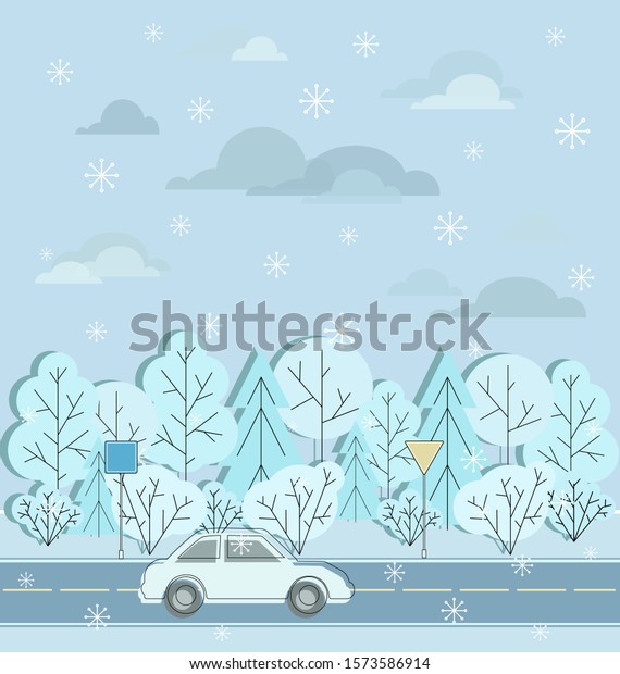 Motorway. Winter road, car, road signs and\
snow. Car moving on highway road. Road Trip. Vacation in winter\
holiday trip. Flat design vector\
illustration.