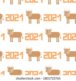mototone vector new year seamless pattern. the symbol of 2021 bull, cow, ox and the numbers 2021 repeat endlessly.