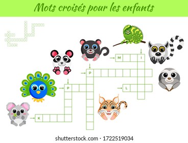 Mots croisés pour les enfants - Crossword for kids. Crossword game with pictures. Kids activity worksheet colorful printable version. Educational game for study French words. Vector stock illustration