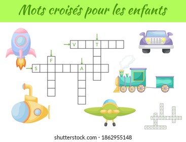 Mots croisés pour les enfants - Crossword for kids. Crossword game with pictures. Kids activity worksheet colorful printable version. Educational game for study French words. Vector stock illustration