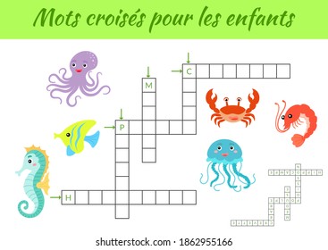 Mots croisés pour les enfants - Crossword for kids. Crossword game with pictures. Kids activity worksheet colorful printable version. Educational game for study French words. Vector stock illustration