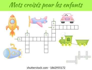 Mots croisés pour les enfants - Crossword for kids. Crossword game with pictures. Kids activity worksheet colorful printable version. Educational game for study French words. Vector stock illustration