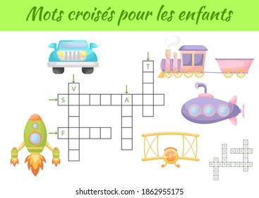 Mots croisés pour les enfants - Crossword for kids. Crossword game with pictures. Kids activity worksheet colorful printable version. Educational game for study French words. Vector stock illustration