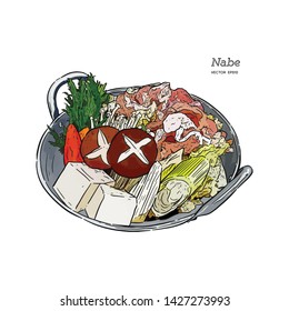 Motsu-nabe is a popular stew made with guts portions of various types of meat, prepared in a conventional kitchen cooking pot or a special Japanese nabe pot. Hand draw sketch vector.