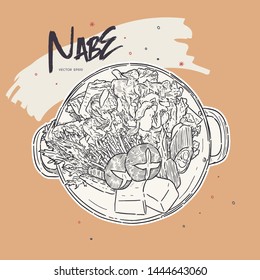 Motsu-nabe is a popular stew made with guts portions of various types of meat, prepared in a conventional kitchen cooking pot or a special Japanese nabe pot. Hand draw sketch vector.