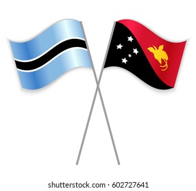 Motswana and Papuan crossed flags. Botswana combined with Papua New Guinea isolated on white. Language learning, international business or travel concept.