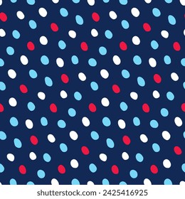 Mottled abstract background. Polka dots seamless pattern for wallpaper, cover. Hand-drawn round dots, spots for repeat fabric print for jacket, outerwear, coat. Multicolor specks on dark blue backdrop