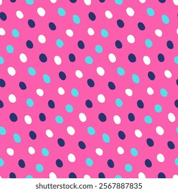 Mottled abstract background. Polka dots seamless pattern for wallpaper, cover. Hand-drawn round dots, spots for repeat fabric print for jacket, outerwear, coat. Bright specks on  neon pink backdrop.
