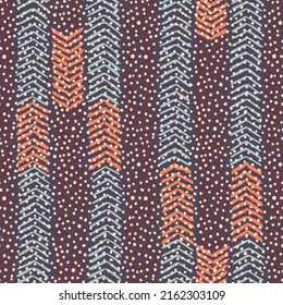 Mottled background. All over spotted seamless pattern. Geometric print with small dots overlaid on chevron texture. Abstract simple  minimal swatch. Combined ethnic manner rug grid prints.