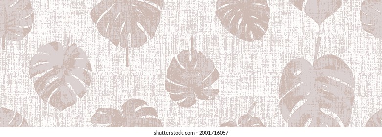 Mottled blotch wash out linen on monstera leafs background. Hand painted farmhouse cottage style seamless pattern. Modern textile for spring summer home decor. Decorative scandi all over print.