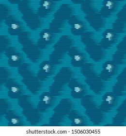 Mottled Blue Zig Zag Chevron Seamless Repeat Vector Pattern Swatch.  Dyed fabric effect.  Offbeat urban glitch abstract design.