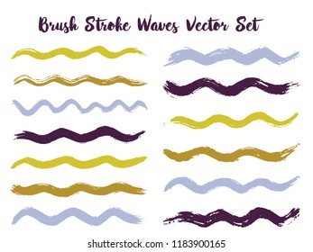 Mottled brush stroke waves vector set. Hand drawn grey gold brushstrokes, ink splashes, watercolor splats, hand painted curls. Vector ink color palette swatches. Summer design paint brush curves.