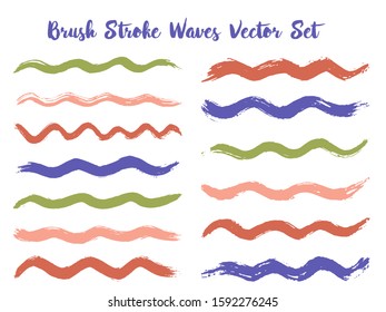 Mottled brush stroke waves vector set. Hand drawn green blue brown brushstrokes, ink splashes, watercolor splats, hand painted curls. Interior colors guide book samples. Textured waves, stripes design