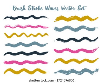 Conjunto vectorial de ondas de tracción de pincel con motor. Pinceles de color azul rosado dorado dibujados a mano, salpicaduras de tinta, manchas acuarelas, rizos pintados. Rasgos de tinta vectorial, combinaciones de colores. Olas texturadas, diseño de rayas.