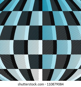 Mottled geometric background of blue-gray deformed cells, diagonals and points (vector)