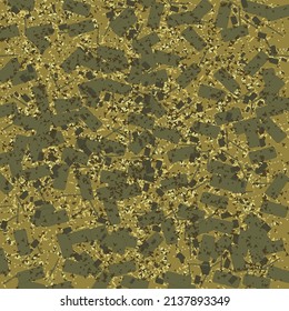Mottled gold background with flecks, pixels, dashes, linear marks and rectangular patches. Seamless pattern.
