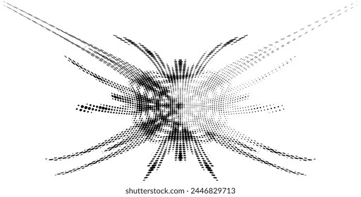 Mottled halftone logo with stylized atomic orbits, with a highlighted area for text on the right. Emission of rays from the center. For trademarks, logos, brand. Vector.