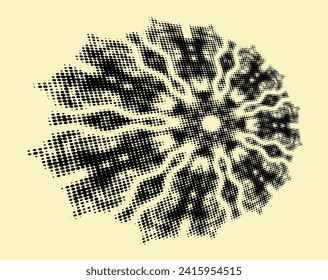 A mottled halftone mandala with radial curved rays rushes forward. Vector.