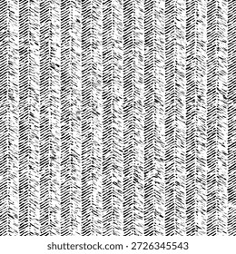 Fleckiges Fischgrätenmuster. Baumwollstoff in schwarz-weiß, mit unsicheren Streifen und einer Chevron-Textur. Abstrakt nahtlos. Vektorgrafik.