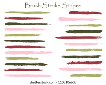Mottled ink brush stroke stripes vector set, green pink horizontal marker or paintbrush lines patch. Hand drawn watercolor paint brushes, smudge strokes collection. Interior colors scheme elements.