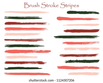 Mottled ink brush stroke stripes vector set, red green horizontal marker or paintbrush lines patch. Hand drawn watercolor paint brushes, smudge strokes collection. Vector ink color palette samples.