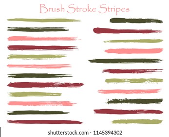 Mottled ink brush stroke stripes vector set, green pink marker or paintbrush lines patch. Hand drawn watercolor paint brushes, smudge strokes collection. Vector ink color palette swatches.