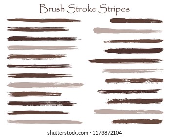 Mottled ink brush stroke stripes vector set, brown horizontal marker or paintbrush lines patch. Hand drawn watercolor paint brushes, smudge strokes collection. Interior colors scheme swatches.