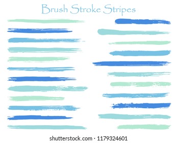 Mottled ink brush stroke stripes vector set, blue horizontal marker or paintbrush lines patch. Hand drawn watercolor paint brushes, smudge strokes collection. Interior colors guide book samples.