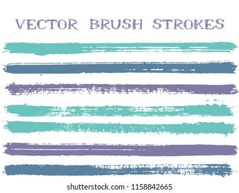 Mottled
 ink brush strokes isolated design elements. Set of paint lines. Urban blue violet ink brush stripes isolated on white, vector colors guide book samples.