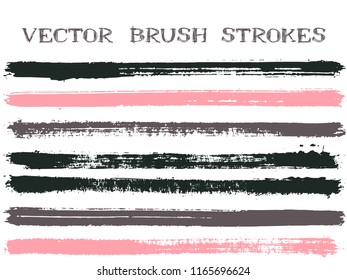 Mottled ink brush strokes isolated design elements. Set of paint lines. Advertising Ink pink black grey brush stripes isolated on white, vector color palette samples.