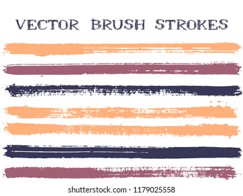 Mottled ink brush strokes isolated design elements. Set of paint lines. Abstract Ink brushe stripes isolated on white, vector color scheme samples.