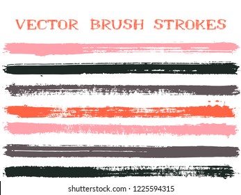 Mottled ink brush strokes isolated design elements. Set of paint lines. Urban Ink brushe stripes isolated on white, vector color scheme samples.