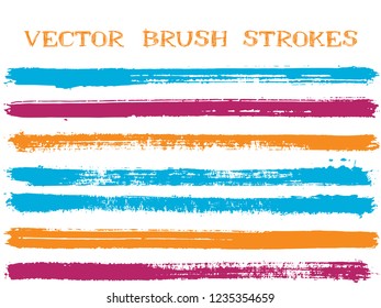 Mottled ink brush strokes isolated design elements. Set of paint lines. Advertising Ink brushe stripes isolated on white, vector colors guide book samples.