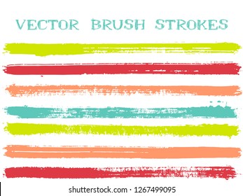 Mottled ink brush strokes isolated design elements. Set of paint lines. Dirty Ink brushe stripes isolated on white, vector color palette samples.