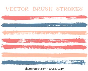 Mottled ink brush strokes isolated design elements. Set of paint lines. Grungy Ink brushe stripes isolated on white, vector color palette samples.