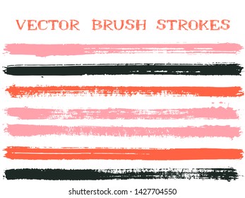 Mottled ink brush strokes isolated design elements. Set of paint lines. Grungy Ink brushe stripes isolated on white, vector color palette samples.