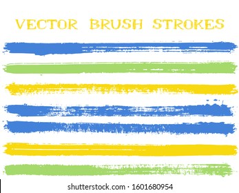 Mottled ink brush strokes isolated design elements. Set of paint lines. Advertising Ink brushe stripes isolated on white, vector color palette samples.