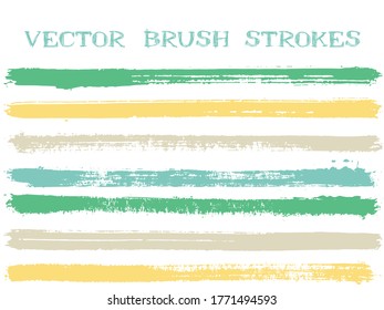 Mottled ink brush strokes isolated design elements. Set of paint lines. Abstract Ink brushe stripes isolated on white, vector color palette samples.