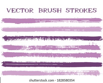 Mottled ink brush strokes isolated design elements. Set of paint lines. Creative Ink brushe stripes isolated on white, vector color scheme samples.