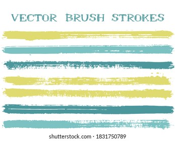 El pincel de tinta acanalado traza elementos de diseño aislados. Conjunto de líneas de pintura. Bandas de brushe de tinta sucia aisladas en muestras de paleta blanca de color vectorial.
