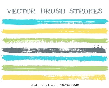 Mottled ink brush strokes isolated design elements. Set of paint lines. Retro Ink brushe stripes isolated on white, vector color palette samples.